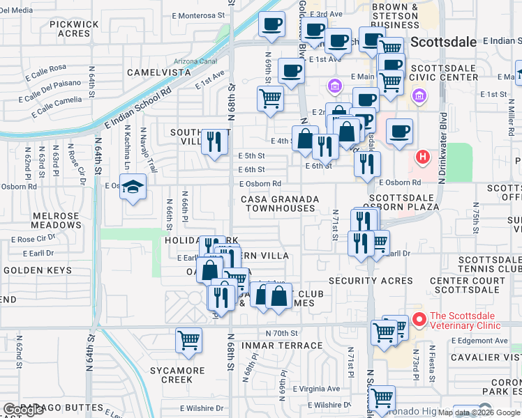 map of restaurants, bars, coffee shops, grocery stores, and more near 6861 East Osborn Road in Scottsdale