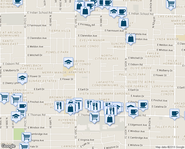map of restaurants, bars, coffee shops, grocery stores, and more near 3141-3221 North 37th Street in Phoenix