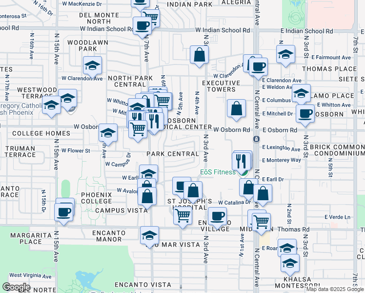map of restaurants, bars, coffee shops, grocery stores, and more near 414 West Flower Street in Phoenix