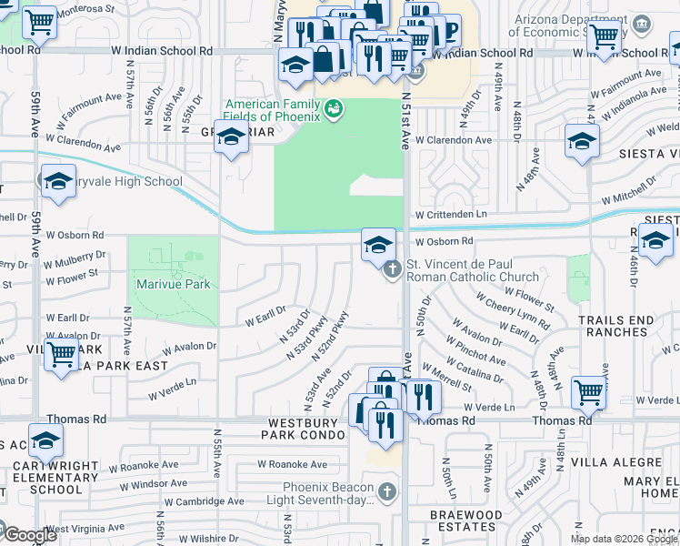 map of restaurants, bars, coffee shops, grocery stores, and more near 3201 North 52nd Parkway in Phoenix