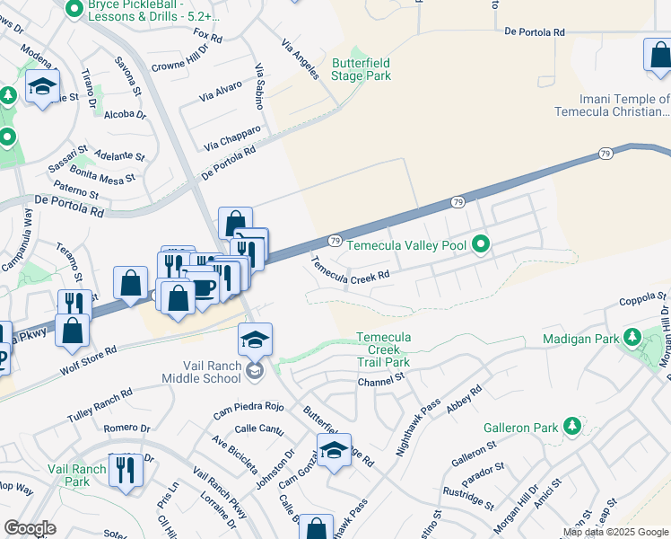 map of restaurants, bars, coffee shops, grocery stores, and more near 33560 Blue Water Way in Temecula