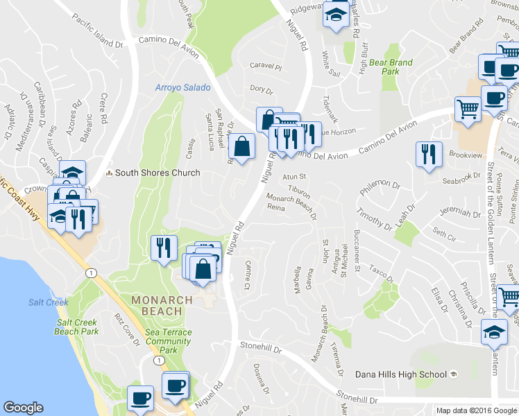 map of restaurants, bars, coffee shops, grocery stores, and more near 9 Reina in Dana Point