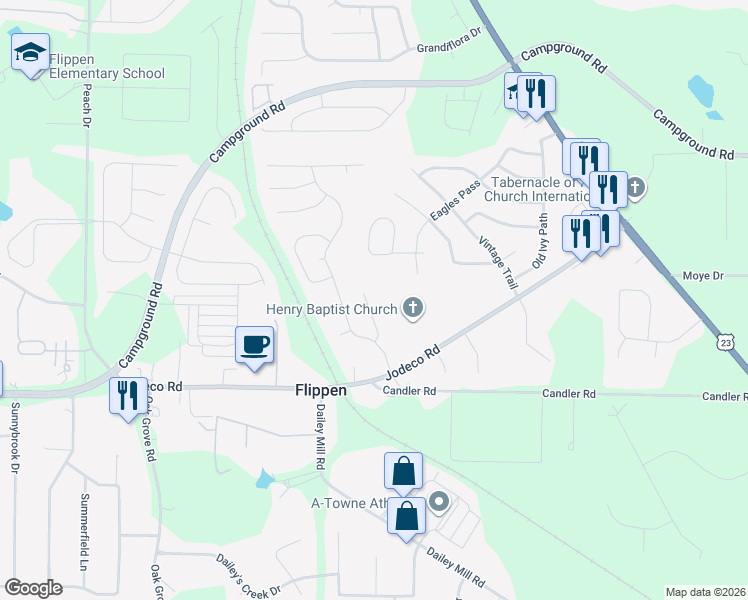 map of restaurants, bars, coffee shops, grocery stores, and more near 4035 Jodeco Road in McDonough