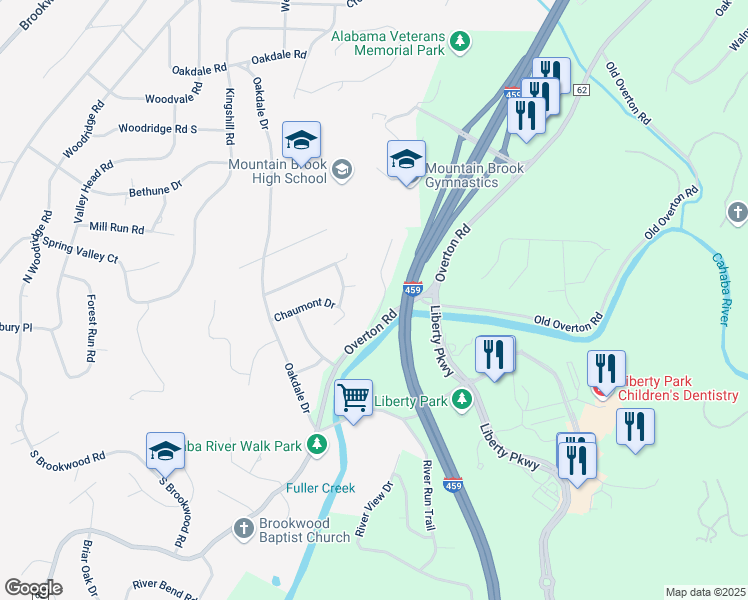 map of restaurants, bars, coffee shops, grocery stores, and more near 3406 North River Road in Vestavia Hills