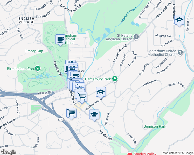 map of restaurants, bars, coffee shops, grocery stores, and more near 2637 Montevallo Road in Birmingham