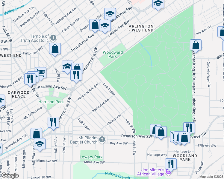 map of restaurants, bars, coffee shops, grocery stores, and more near 1144 14th Place Southwest in Birmingham