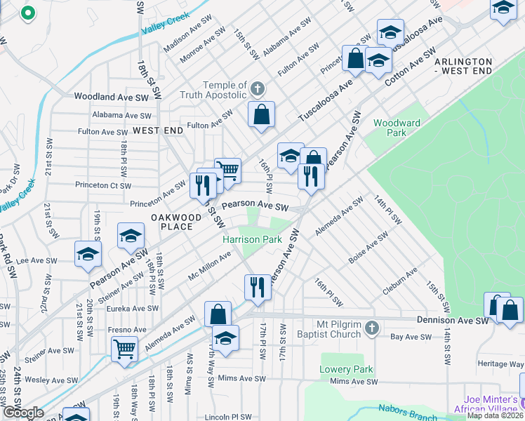 map of restaurants, bars, coffee shops, grocery stores, and more near 1561 Pearson Avenue Southwest in Birmingham