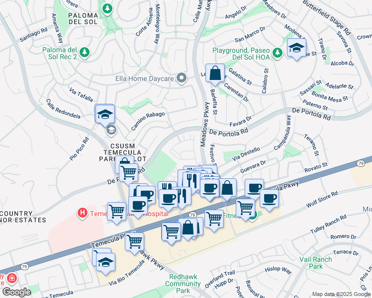 map of restaurants, bars, coffee shops, grocery stores, and more near 31834 Calle Brio in Temecula