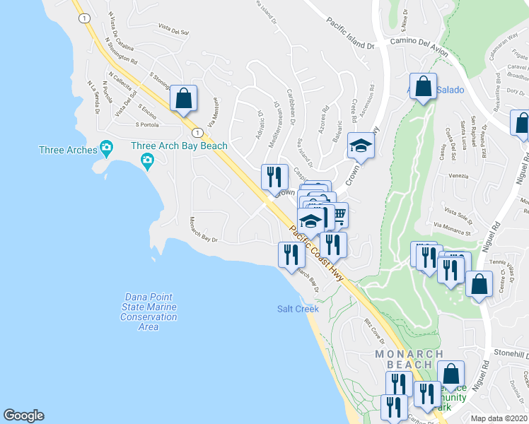 map of restaurants, bars, coffee shops, grocery stores, and more near 17 Monarch Bay Drive in Dana Point