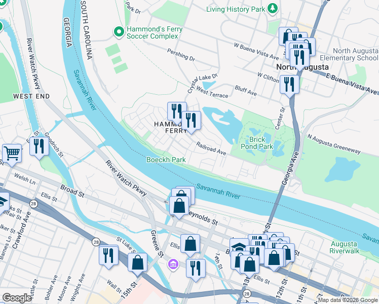 map of restaurants, bars, coffee shops, grocery stores, and more near 13 Madison Street in North Augusta