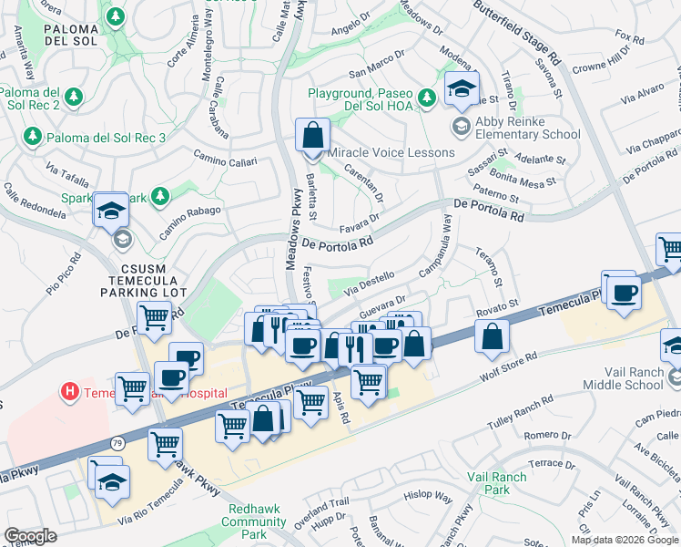 map of restaurants, bars, coffee shops, grocery stores, and more near 32389 Pensador Street in Temecula