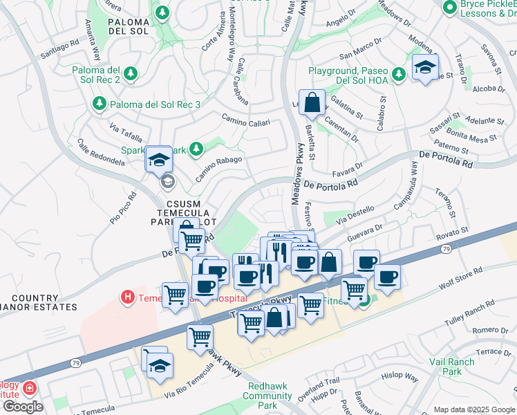 map of restaurants, bars, coffee shops, grocery stores, and more near 44138 Calle Ciuita in Temecula