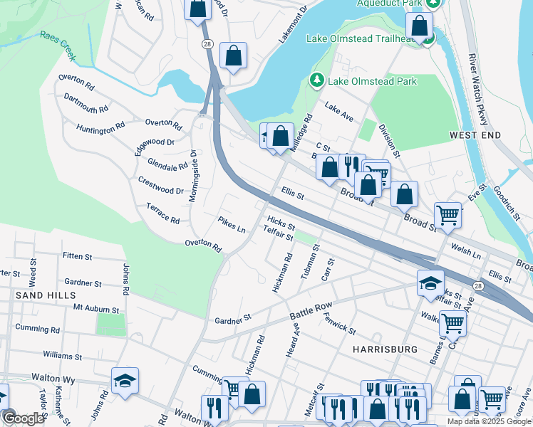 map of restaurants, bars, coffee shops, grocery stores, and more near 2170 Greene Street in Augusta
