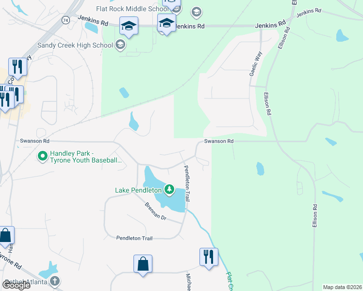 map of restaurants, bars, coffee shops, grocery stores, and more near 115 Silverthorn Drive in Tyrone