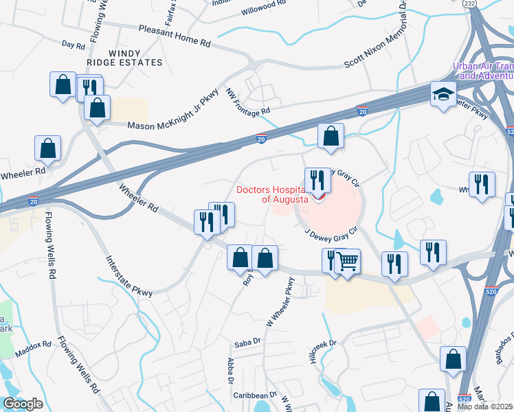 map of restaurants, bars, coffee shops, grocery stores, and more near 1131 Garredd Boulevard in Augusta