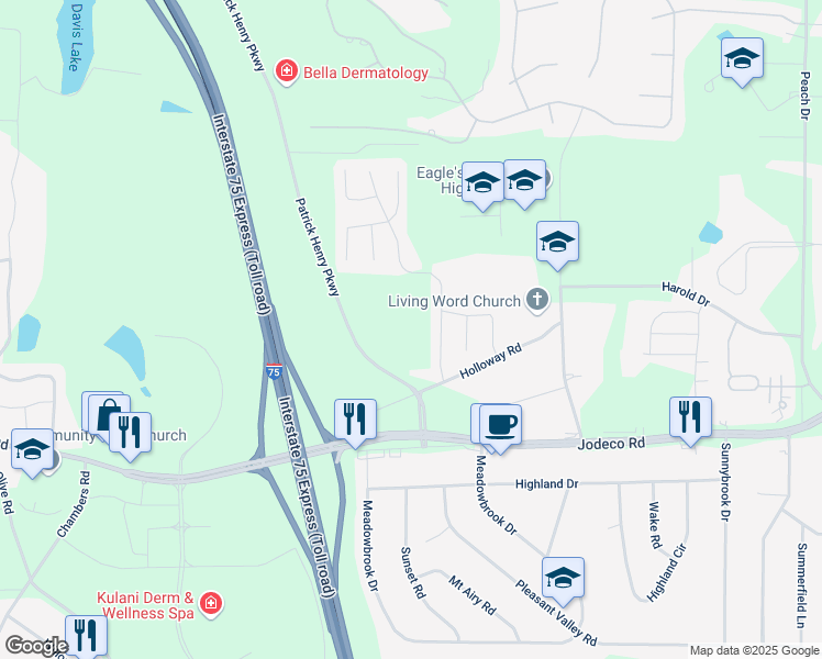 map of restaurants, bars, coffee shops, grocery stores, and more near 87 Holloway Road in McDonough