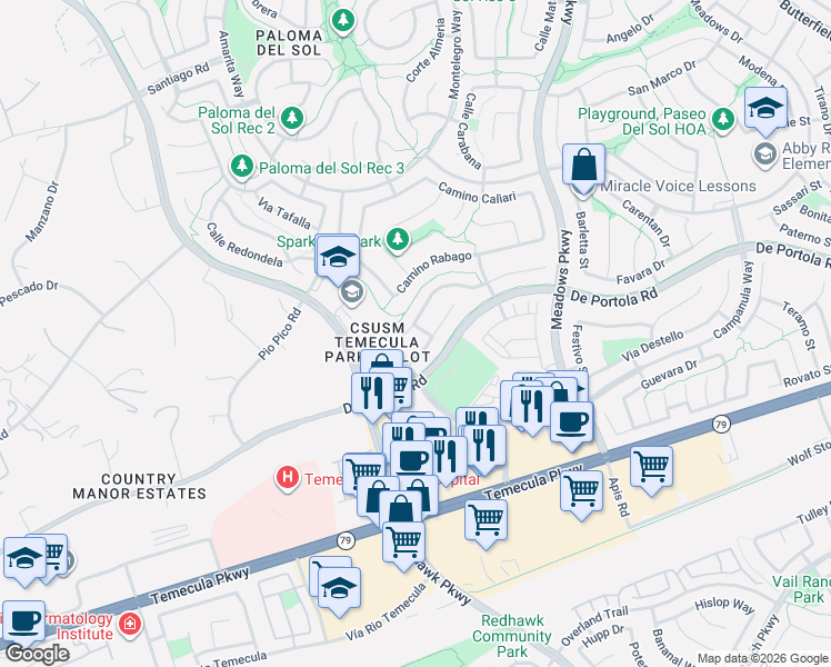 map of restaurants, bars, coffee shops, grocery stores, and more near 31987 Calle Balareza in Temecula