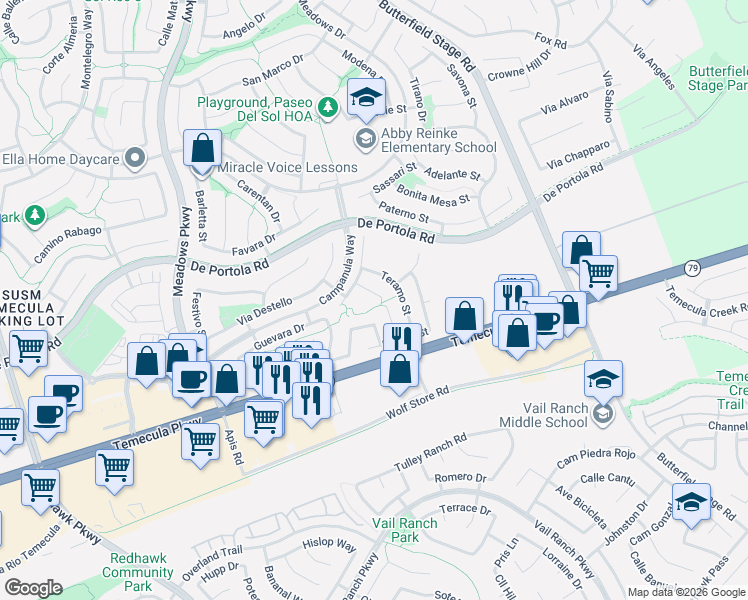 map of restaurants, bars, coffee shops, grocery stores, and more near 43137 Matera Court in Temecula