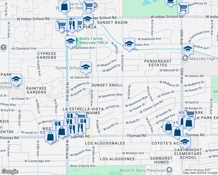map of restaurants, bars, coffee shops, grocery stores, and more near 6347 West Flower Street in Phoenix