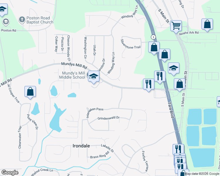 map of restaurants, bars, coffee shops, grocery stores, and more near 1325 Mundys Mill Road in Jonesboro