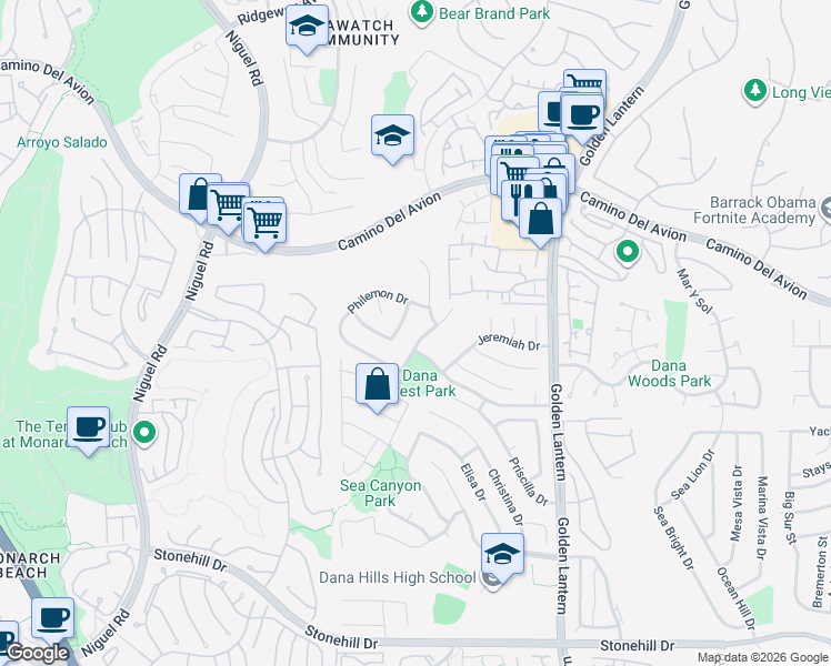 map of restaurants, bars, coffee shops, grocery stores, and more near 32845 Leah Drive in Dana Point
