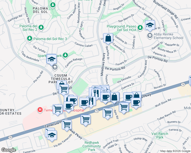 map of restaurants, bars, coffee shops, grocery stores, and more near 44132 Calle Allicante in Temecula