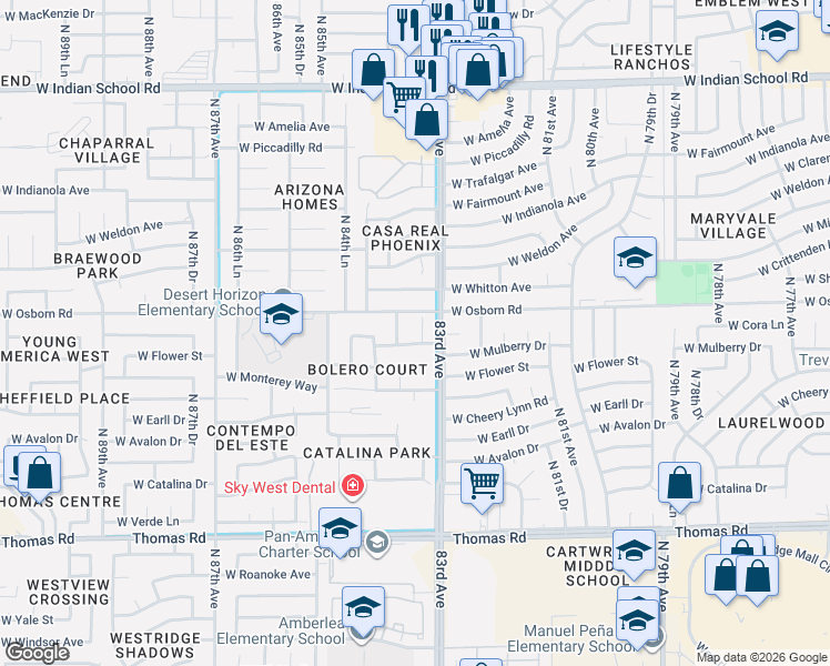 map of restaurants, bars, coffee shops, grocery stores, and more near 8321 West Mulberry Drive in Phoenix