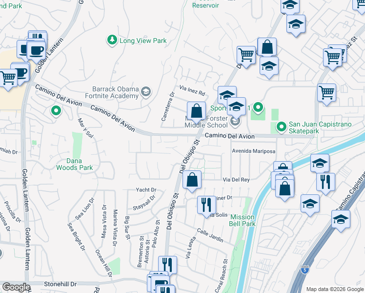 map of restaurants, bars, coffee shops, grocery stores, and more near 32791 Del Obispo Street in Dana Point