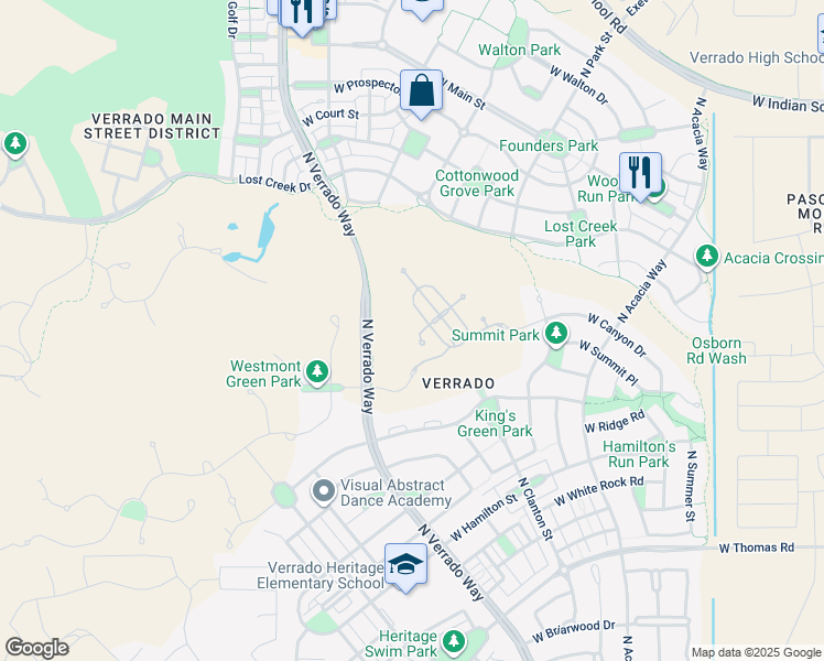 map of restaurants, bars, coffee shops, grocery stores, and more near 3496 North Boulder Court in Buckeye