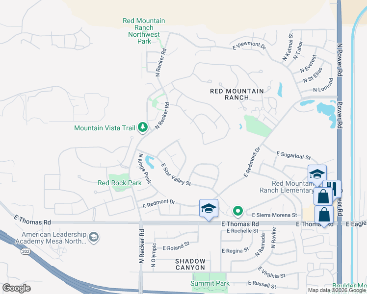 map of restaurants, bars, coffee shops, grocery stores, and more near 6134 East Saddleback Street in Mesa