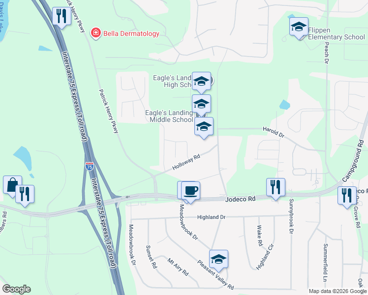 map of restaurants, bars, coffee shops, grocery stores, and more near 109 Eagle's Crest Lane in McDonough