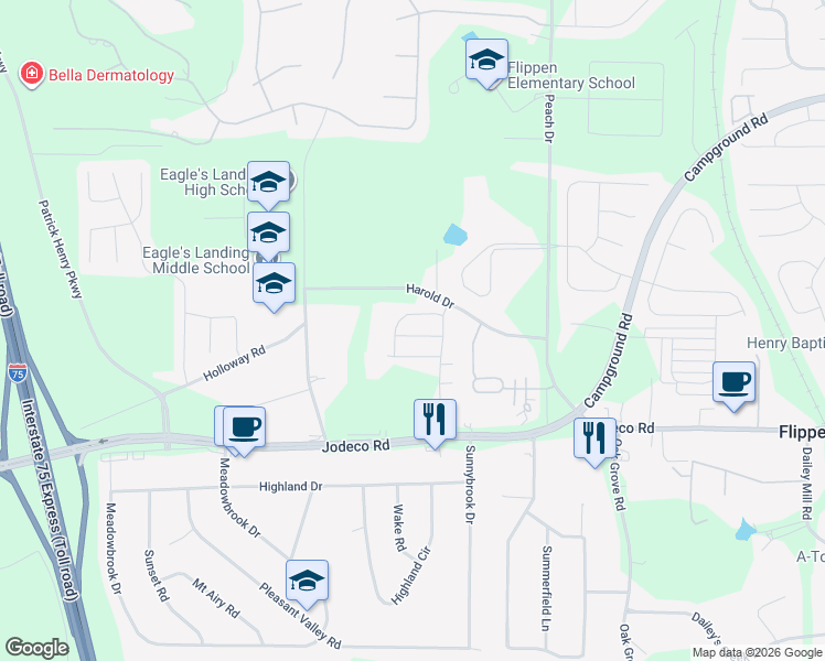 map of restaurants, bars, coffee shops, grocery stores, and more near 186 Harold Drive in McDonough