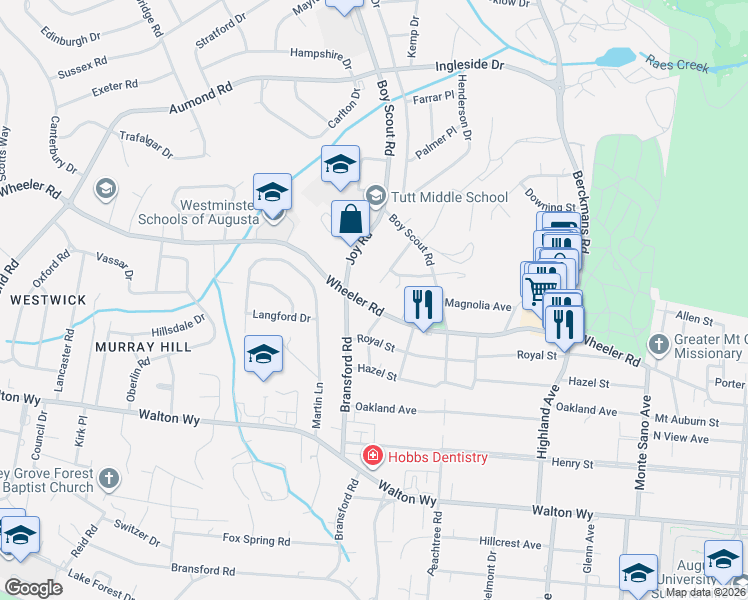 map of restaurants, bars, coffee shops, grocery stores, and more near 2903 Wheeler Road in Augusta