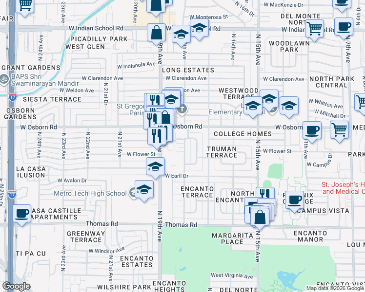 map of restaurants, bars, coffee shops, grocery stores, and more near 3318 North 18th Avenue in Phoenix