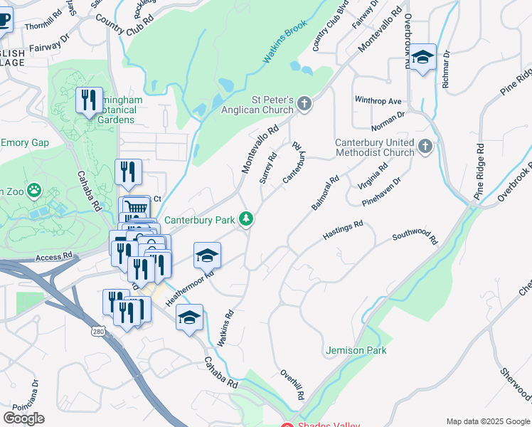 map of restaurants, bars, coffee shops, grocery stores, and more near 2801 Canterbury Road in Birmingham