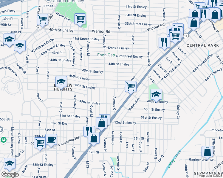 map of restaurants, bars, coffee shops, grocery stores, and more near 1425 47th Street Ensley in Birmingham
