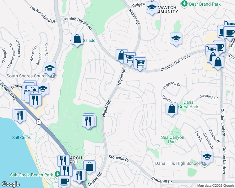 map of restaurants, bars, coffee shops, grocery stores, and more near 19 Reina in Dana Point
