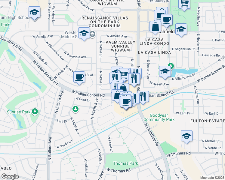 map of restaurants, bars, coffee shops, grocery stores, and more near 14309 West Mitchell Drive in Goodyear