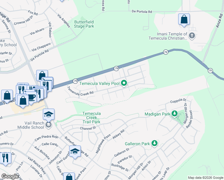 map of restaurants, bars, coffee shops, grocery stores, and more near 44002 Eaglebluff Court in Temecula