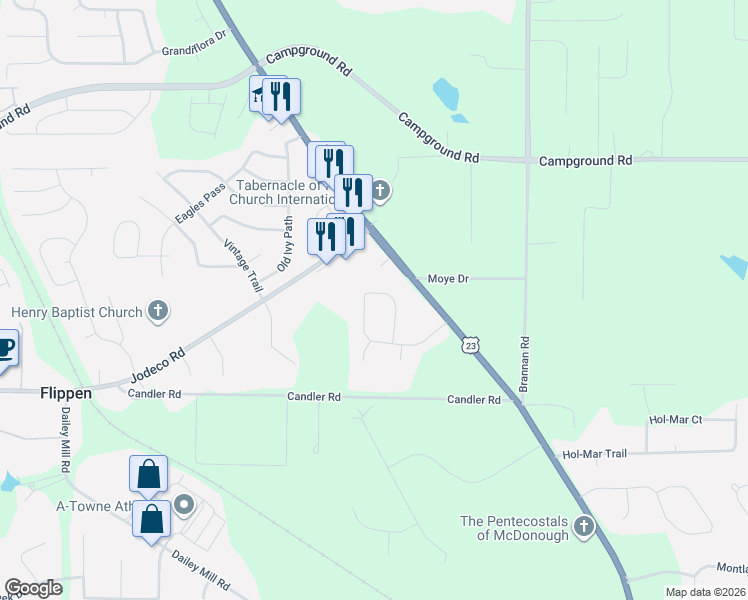 map of restaurants, bars, coffee shops, grocery stores, and more near 136 Jennifer Lane in McDonough