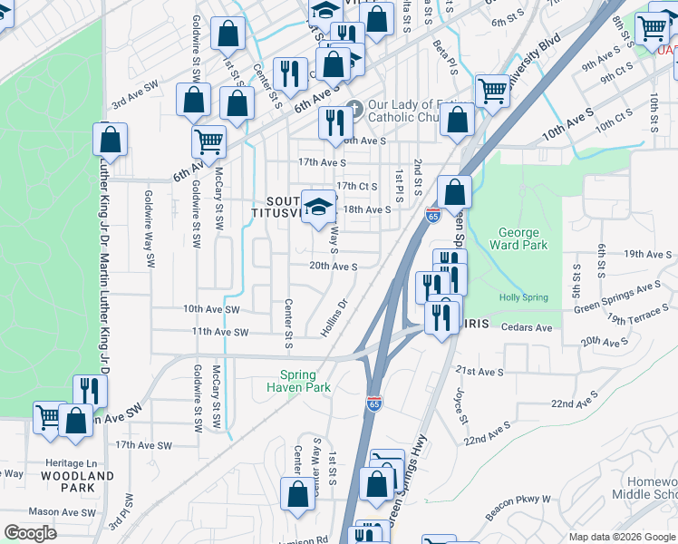 map of restaurants, bars, coffee shops, grocery stores, and more near 2006 Center Way South in Birmingham