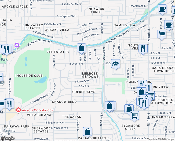 map of restaurants, bars, coffee shops, grocery stores, and more near 3313 North 63rd Street in Scottsdale
