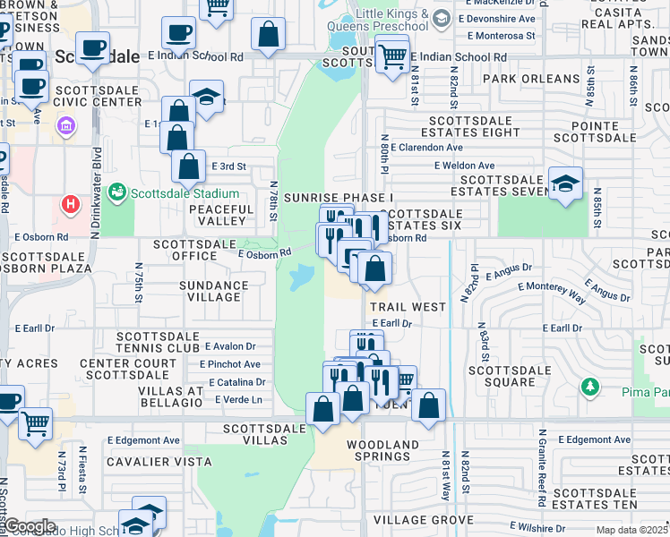 map of restaurants, bars, coffee shops, grocery stores, and more near 3330 North Hayden Road in Scottsdale