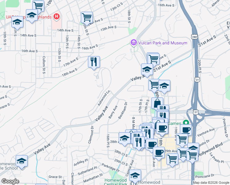 map of restaurants, bars, coffee shops, grocery stores, and more near 1677 Beckham Drive in Birmingham
