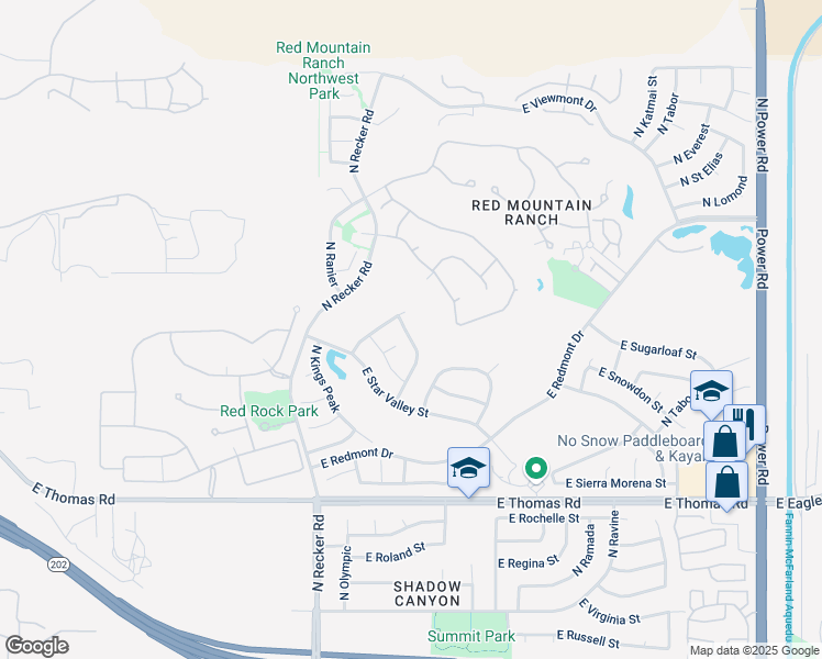 map of restaurants, bars, coffee shops, grocery stores, and more near 6134 East Saddleback Street in Mesa