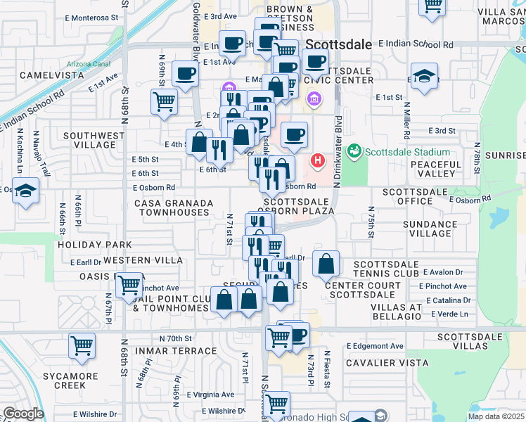map of restaurants, bars, coffee shops, grocery stores, and more near 7117 East Angus Drive in Scottsdale