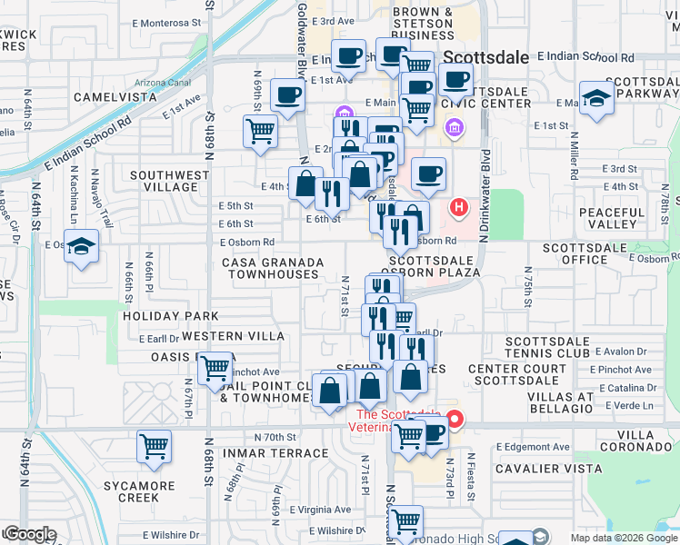 map of restaurants, bars, coffee shops, grocery stores, and more near 7105 East Angus Drive in Scottsdale