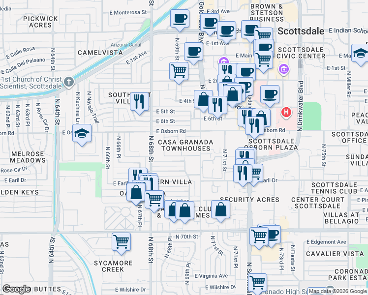map of restaurants, bars, coffee shops, grocery stores, and more near 6957 East Osborn Road in Scottsdale