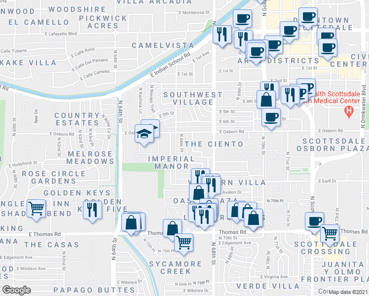 map of restaurants, bars, coffee shops, grocery stores, and more near 3301 North 66th Place in Scottsdale