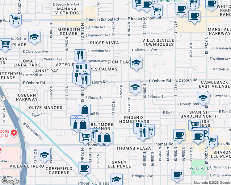 map of restaurants, bars, coffee shops, grocery stores, and more near 2617 East Beekman Place in Phoenix